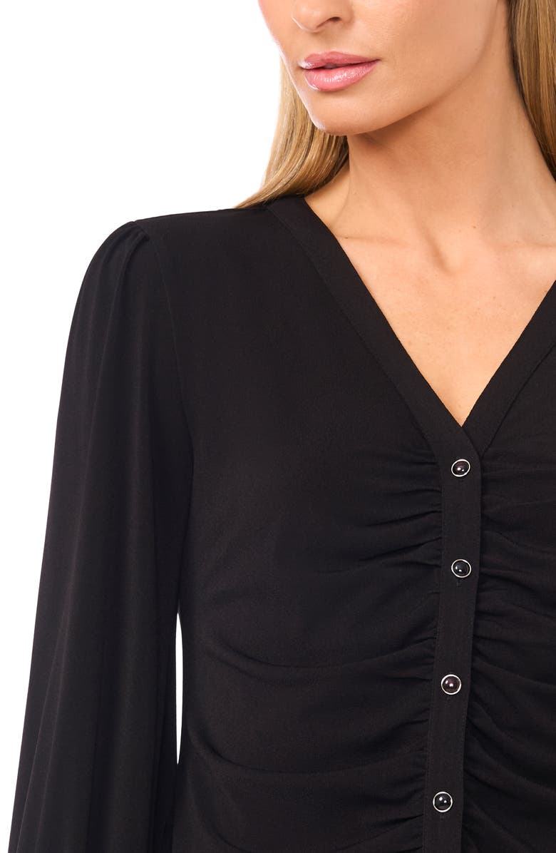 CeCe Shirred V-Neck Button-Up Shirt, Alternate, color, Rich Black