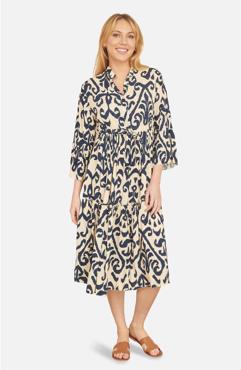 Yumi 3/4 Sleeve Block Print Kaftan Dress, Main, color, Ivory