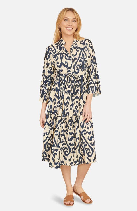 3/4 Sleeve Block Print Kaftan Dress