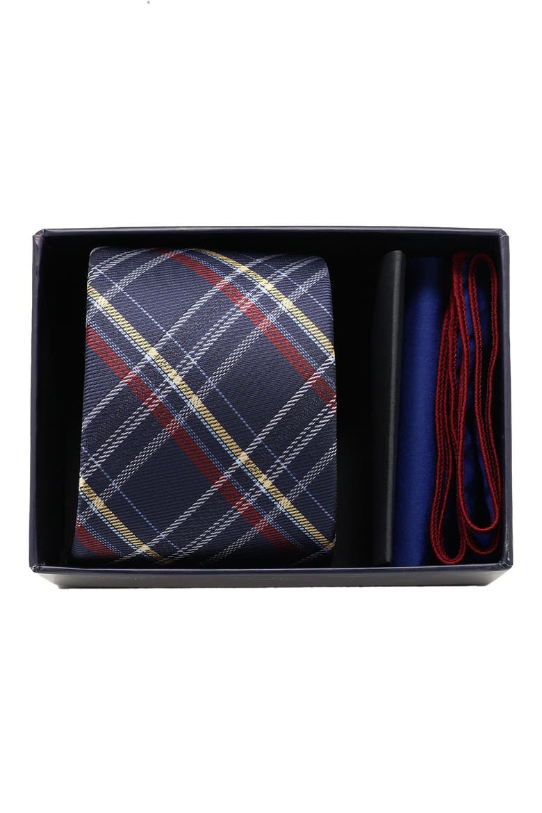Diagonal Plaid Tie & Pocket Square Set, Alternate, color, NAVY BURGUNDY