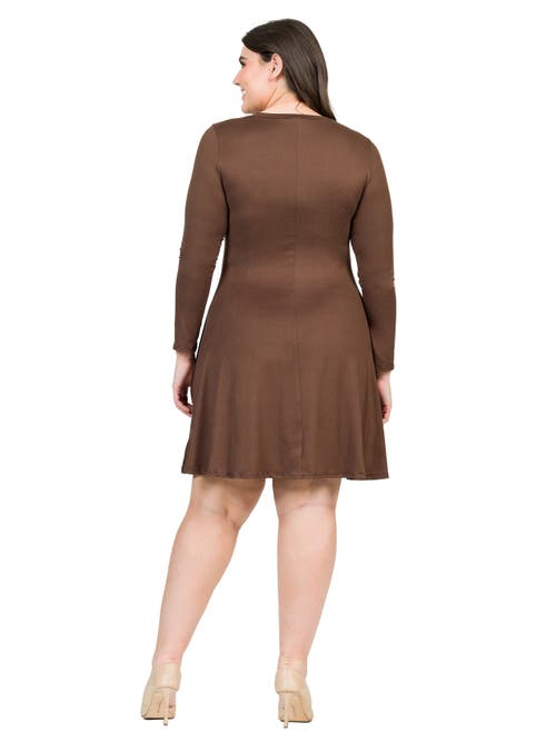 24seven Comfort Apparel Plus Size Classic Long Sleeve  Flared Mini Dress In Brown