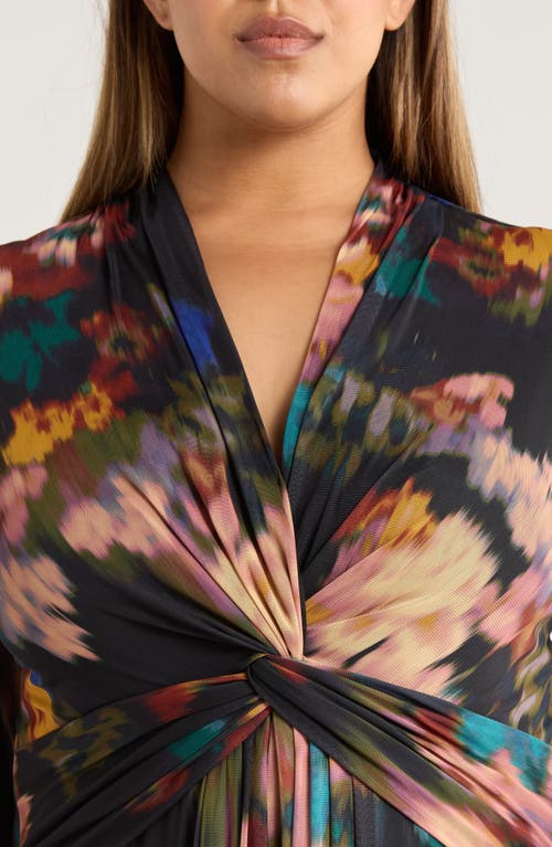 Anne Klein Blurred Floral Twist Front Long Sleeve Mesh Maxi Dress In Multi