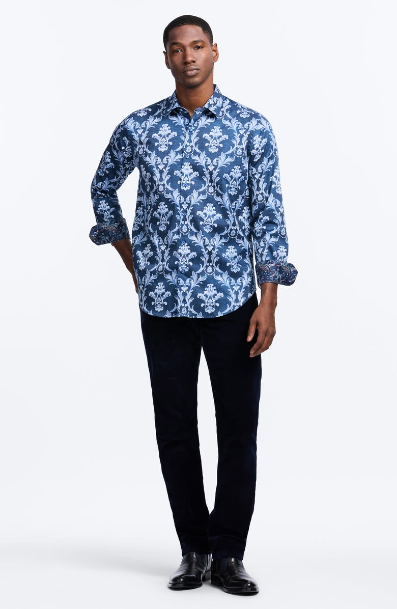 Robert Graham Neville Blue Damask Print Stretch Cotton Button-Up Shirt, Alternate, color, Navy