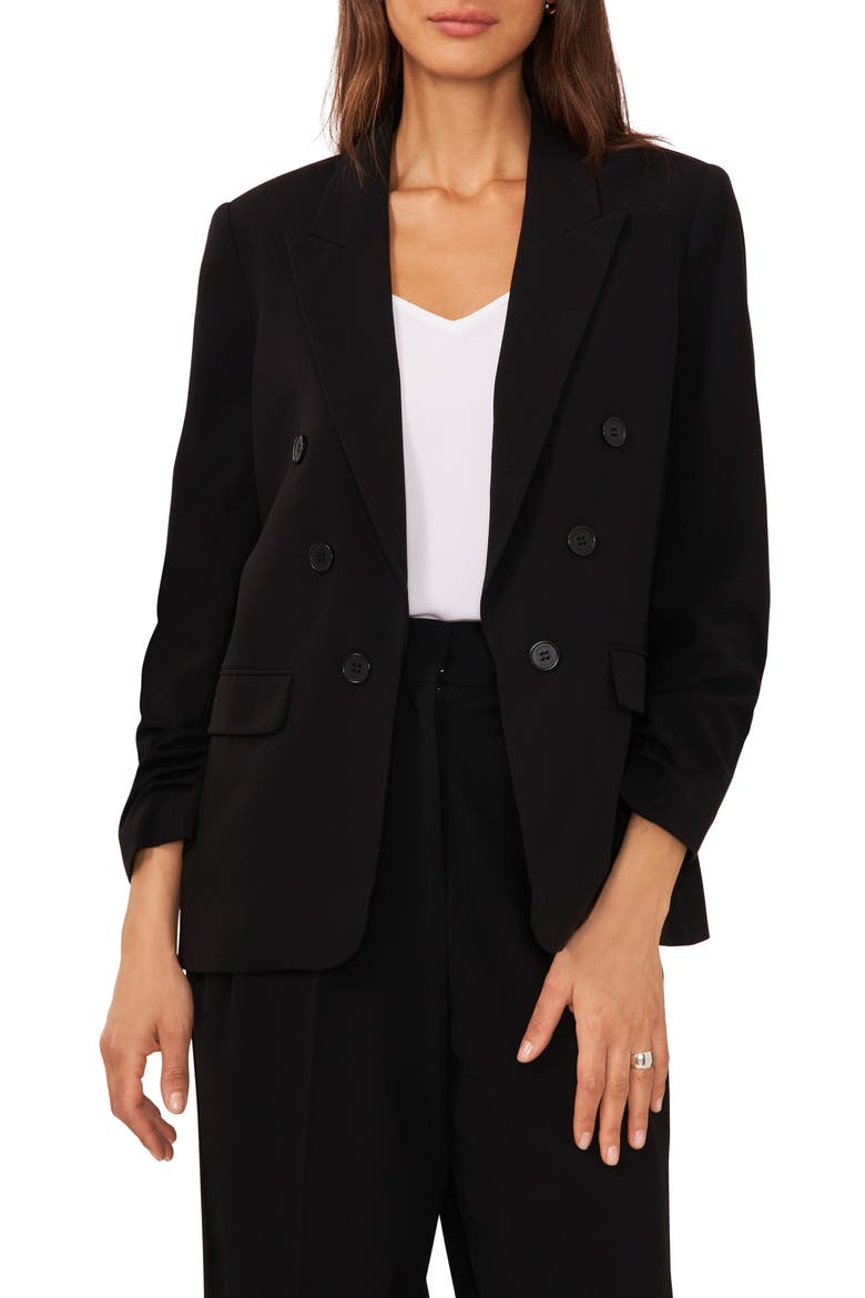 Scrunch Sleeve Double Breasted Blazer, Main, color, RICH BLACK