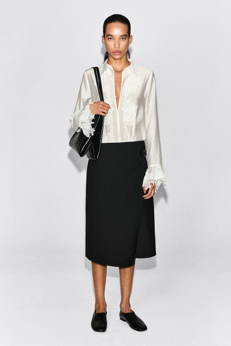 Leather-Belt Wool-Twill Midi Skirt, Alternate, color, BLACK