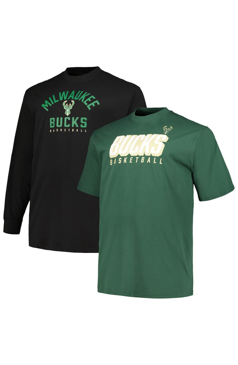FANATICS Men's Fanatics Branded Hunter Green/Black Milwaukee Bucks Big & Tall Short Sleeve & Long Sleeve T-Shirt Set, Main, color, 