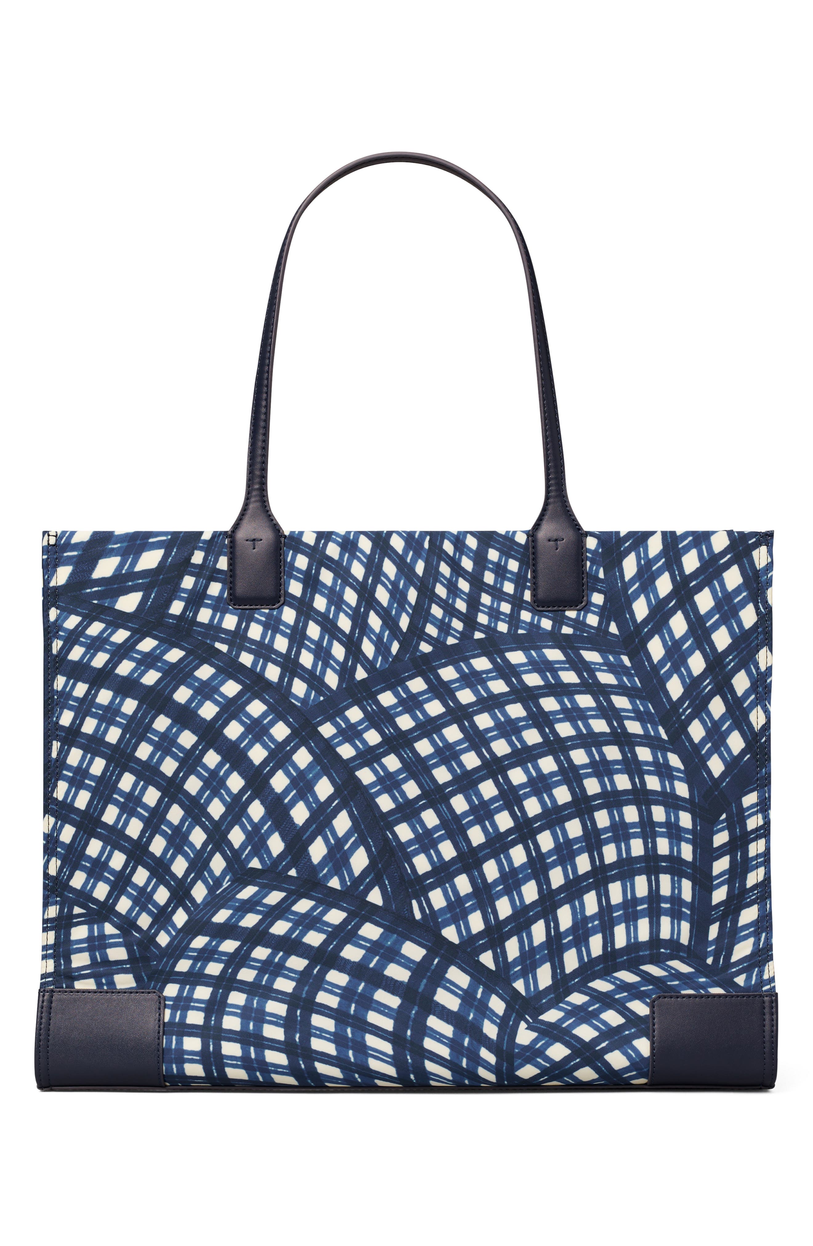 Tory Burch Ella Print Tote, Alternate, color, Navy Warped Gingham