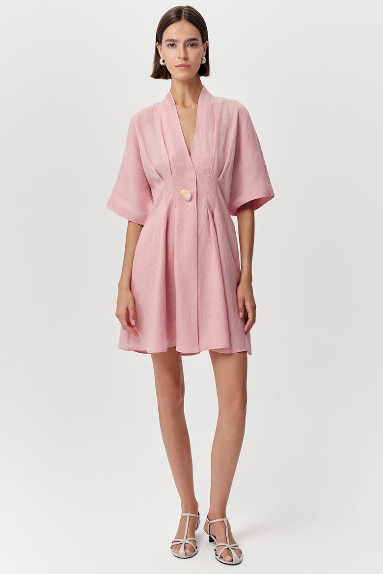 Alita V Neck Short Sleeve Linen Mini Dress, Alternate, color, Pink