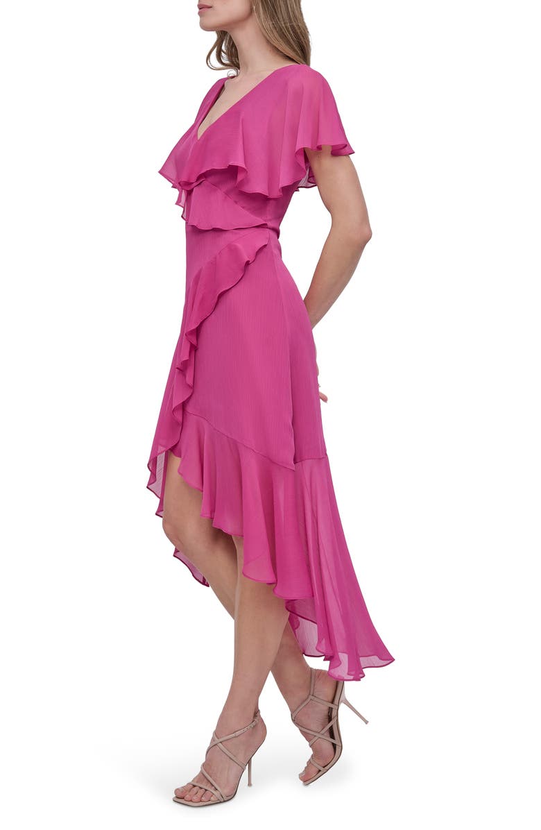 DKNY Ruffle Short Sleeve Faux Wrap Midi Dress, Alternate, color, Festival Fuchsia