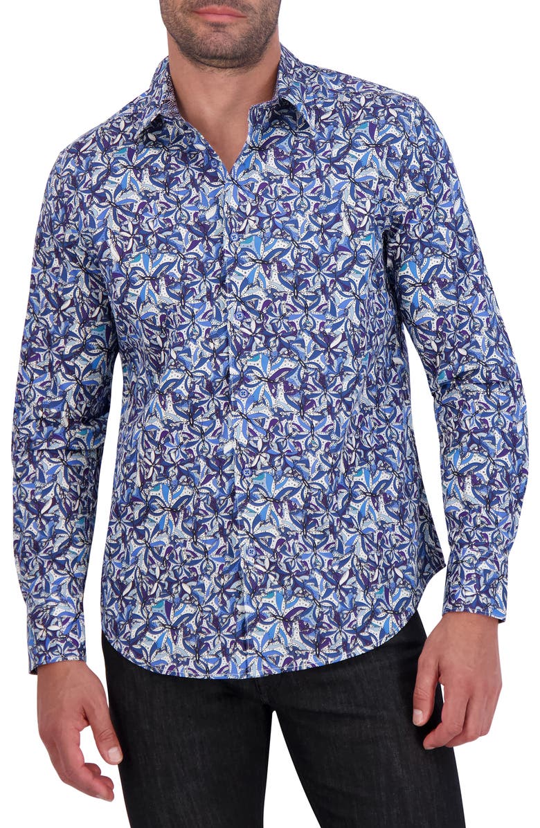 Robert Graham Abstract Butterfly Print Cotton Button-Up Shirt, Main, color, Blue