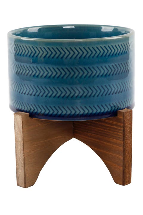 Teal 5" Arrow Ceramic Planter On Wood Stand