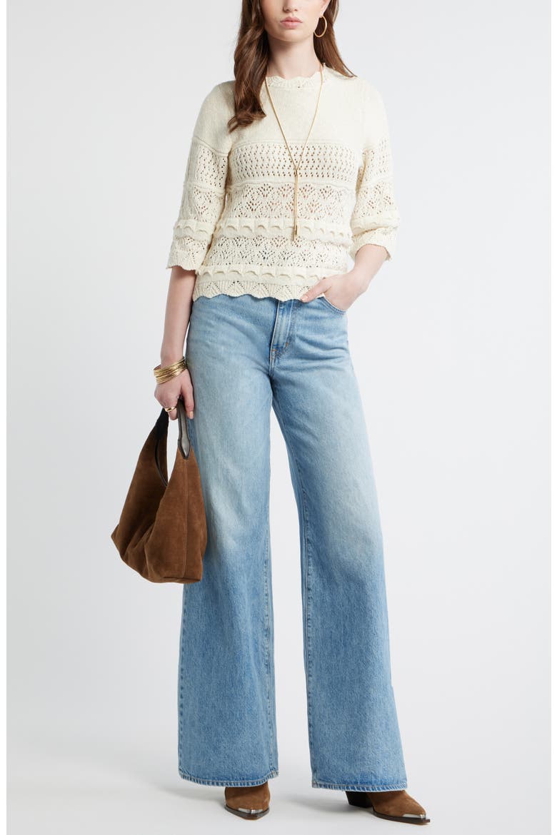 Pointelle Knit Scallop Trim Cotton Sweater, Alternate, color, IVORY DOVE