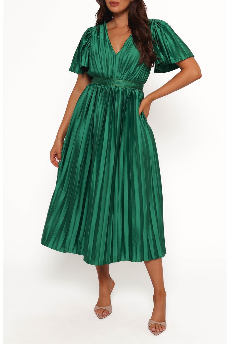 Keelah Pleated Satin Midi Dress, Main, color, EMERALD GREEN