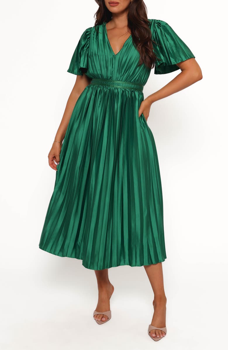 Petal & Pup Keelah Pleated Satin Midi Dress, Main, color, Emerald Green