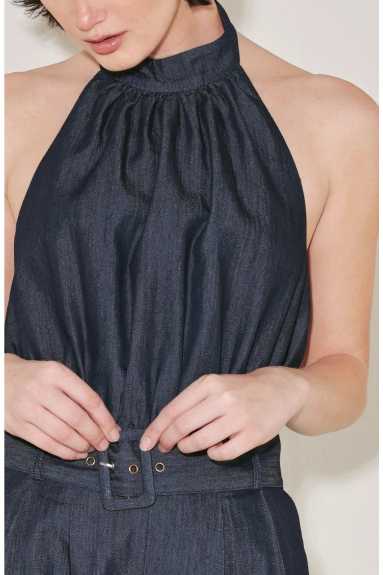 Halter Neck Denim Jumpsuit, Alternate, color, DENIM