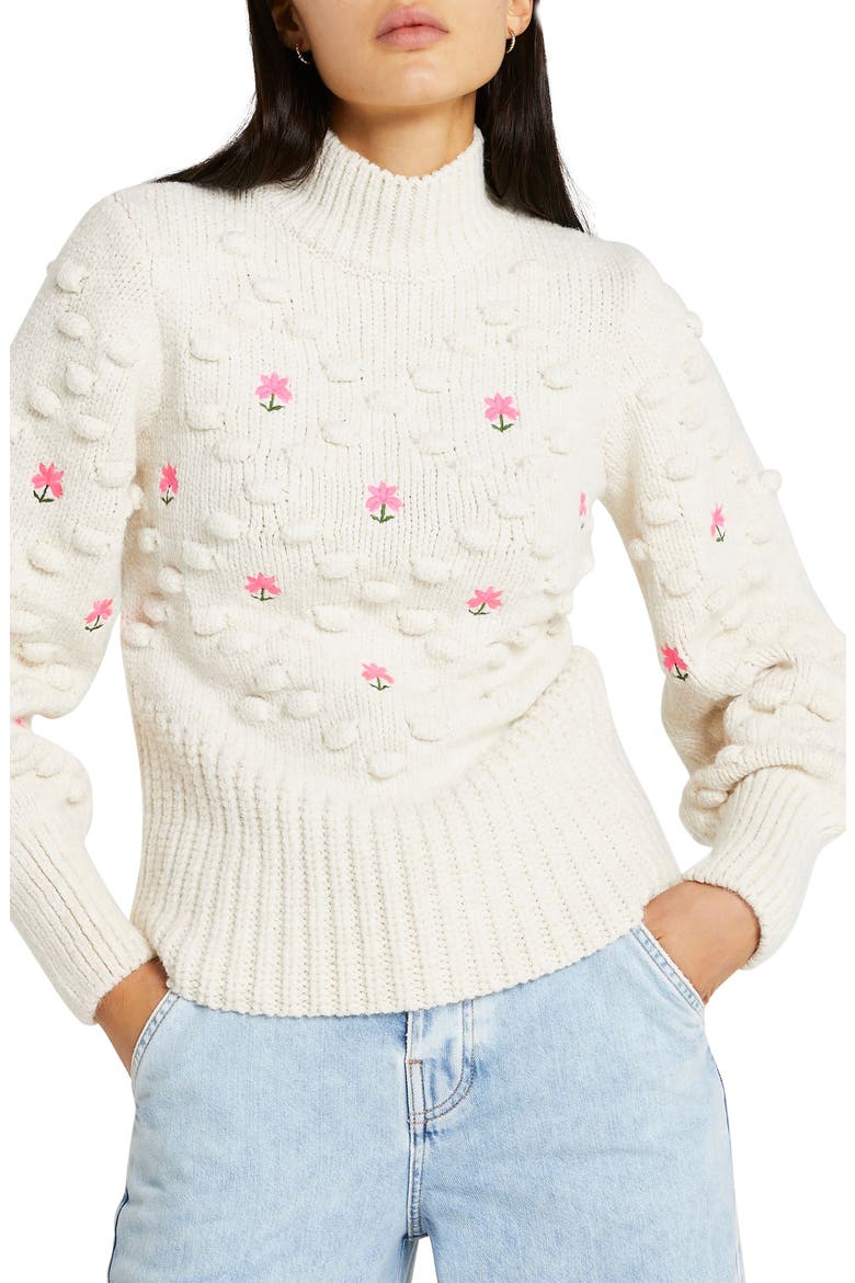 Flower Embroidered Pompom Sweater, Main, color, CREAM