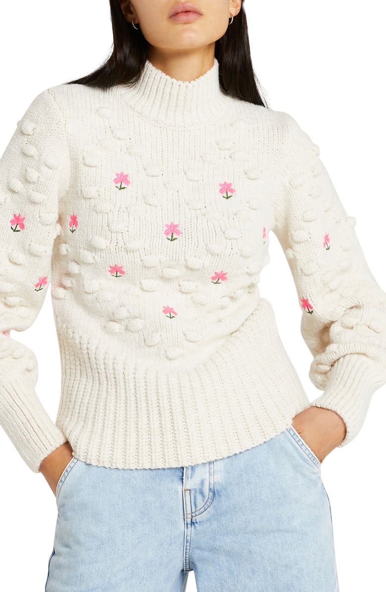 River Island Flower Embroidered Pompom Sweater, Main, color, 