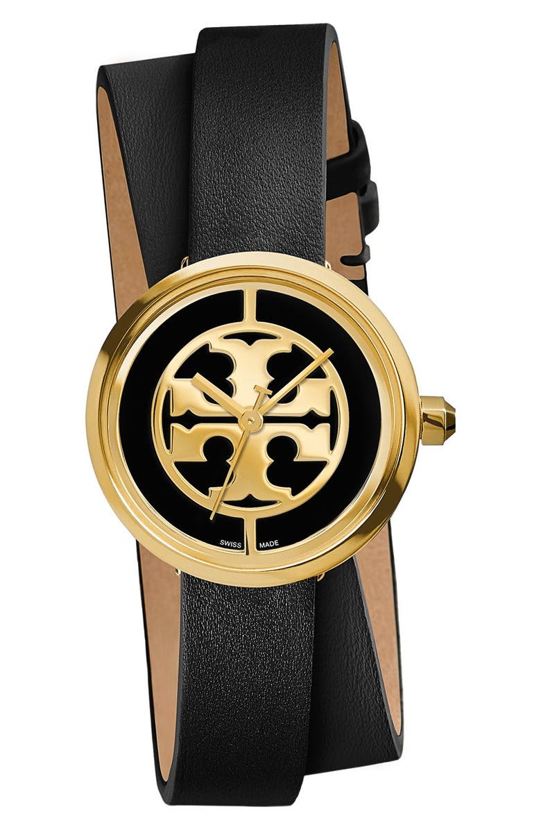 Tory Burch 'Reva' Logo Dial Double Wrap Leather Strap Watch, 28mm, Main, color, 