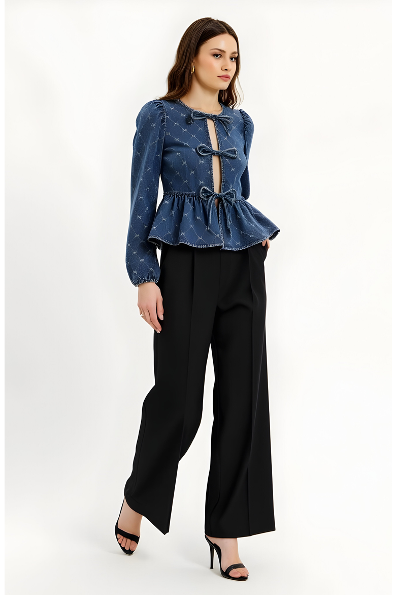 Denim Top with Bow-Front and Puffed Sleeves, Alternate, color, Dark Blue