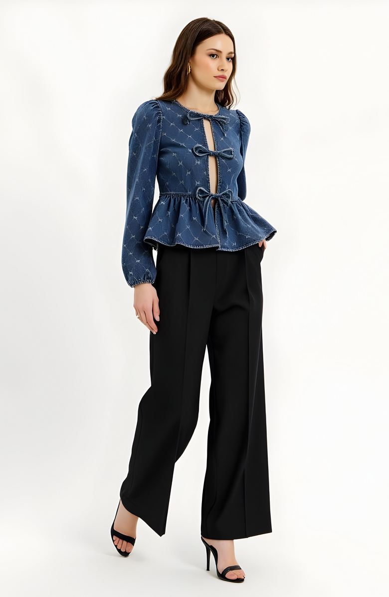 Modenaire Denim Top with Bow-Front and Puffed Sleeves, Alternate, color, Dark Blue