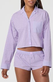 Florence by Mills Micro Plaid Crop Stretch Cotton Button-Up Shirt