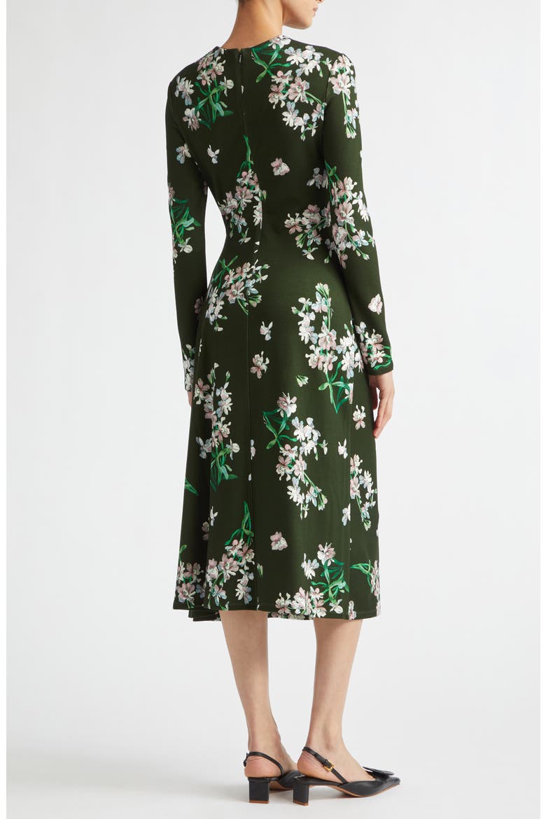 Floral Long Sleeve Ponte Midi Dress, Alternate, color, PAINTED ORCHID FOREST GREEN