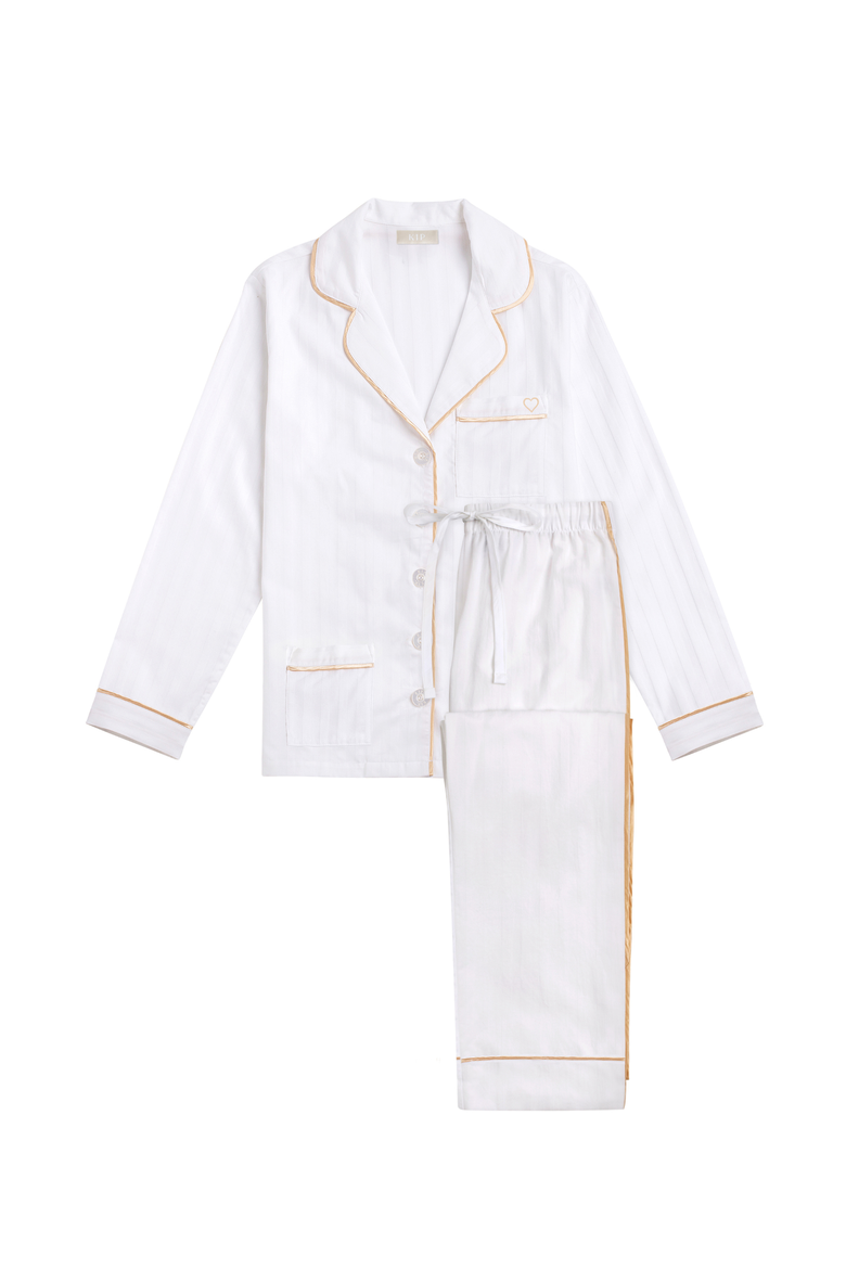 Heart Embroidered Cotton Long Pajama Set, Alternate, color, Lily White