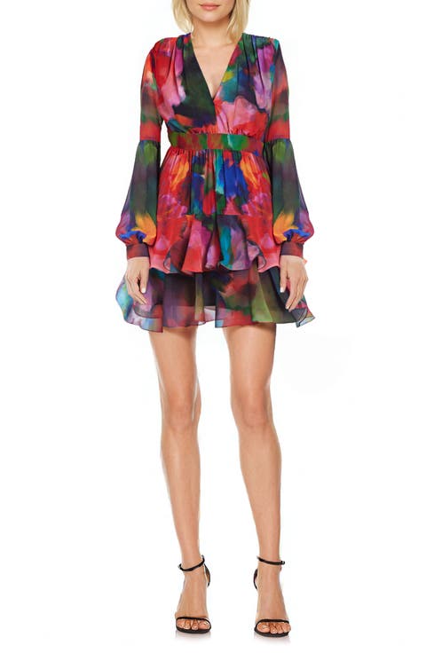 Abstract Floral Long Sleeve Tiered Ruffle Minidress