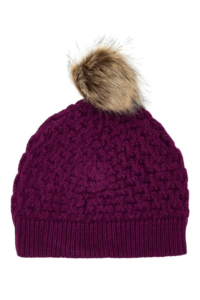 Faux Fur Pompom Beanie, Main, color, PLUM