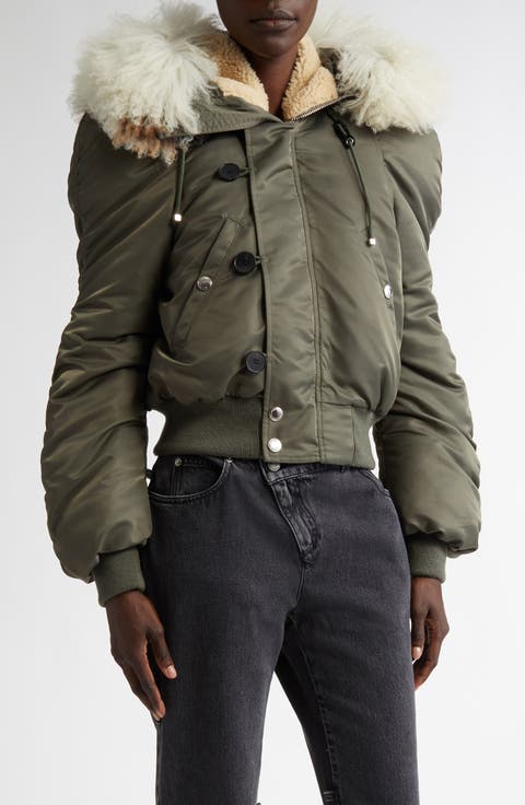 Hooded Bomber Jacket with Genuine Shearling Trim