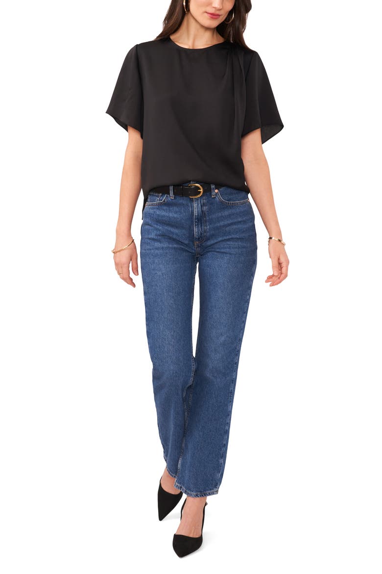 Flutter Sleeve Hammered Satin Blouse, Alternate, color, RICH BLACK