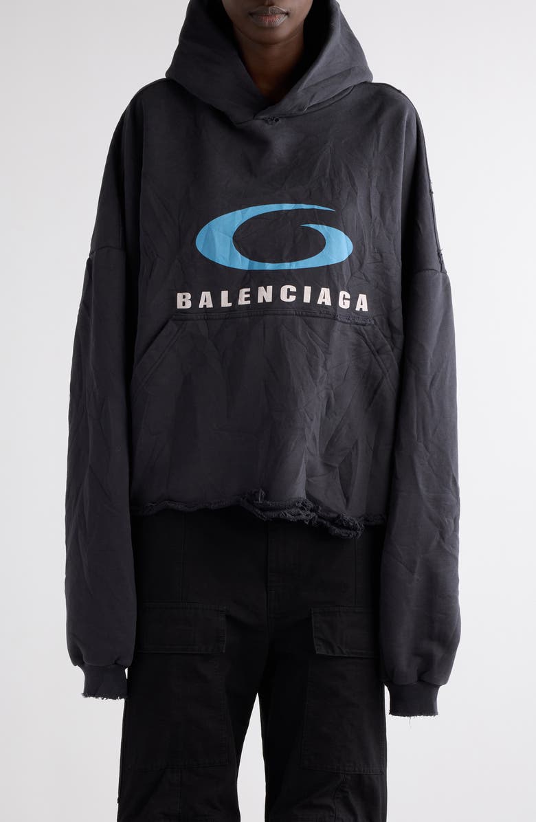 Balenciaga Logo Distressed Crop Graphic Hoodie, Main, color, Washed Black/ Blue