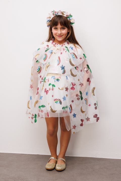 Girls’ Rainbow & Cherry Sequin Party Cape And Crown Set