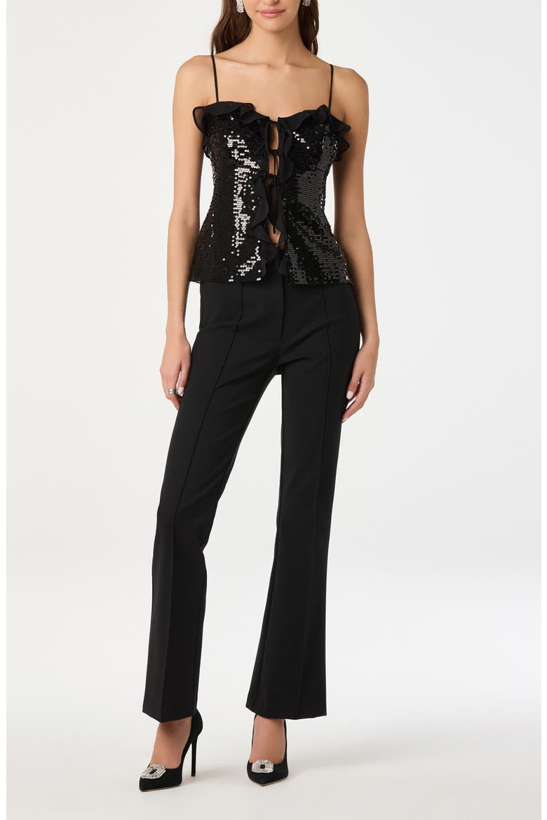 Sequin Ruffle Trim Tie Front Top, Alternate, color, BLACK