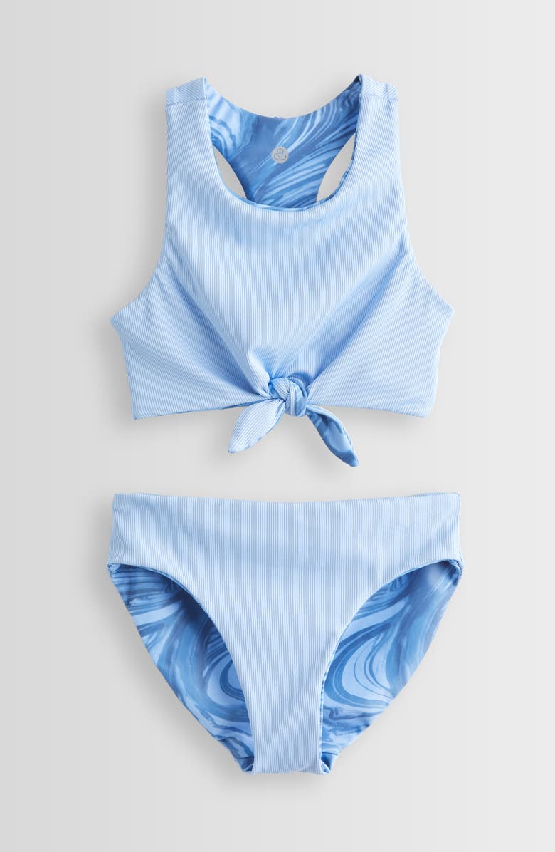 Zella Girl Kids' Reversible Tie Front Two-Piece Swimsuit, Alternate, color, Blue Azure Rhythmic Swirl