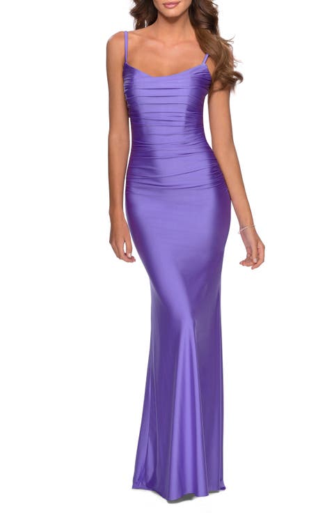 Long Ruched Jersey Dress with Thin Straps