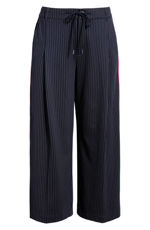 Pinstripe Front Pleat Wide Leg Pants (Plus)