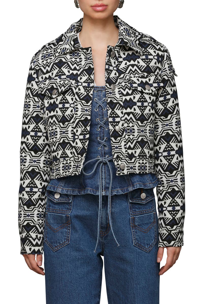 Avec Les Filles Geometric Jacquard Crop Trucker Jacket, Main, color, Black-Cream Jacquard