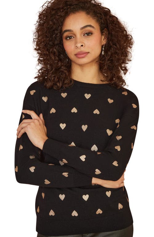 Yumi Foil Heart Print Relaxed Fit Sweater In Black