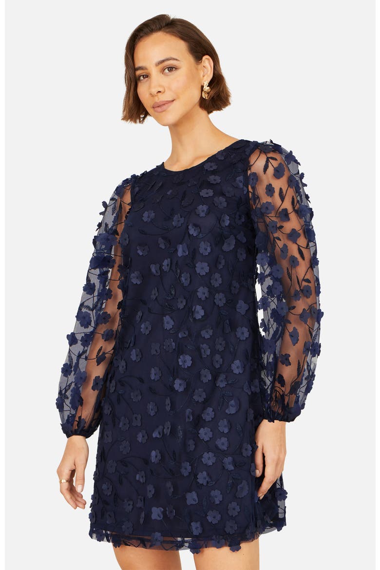 Long Sleeve Floral Applique Tunic Dress, Alternate, color, Navy