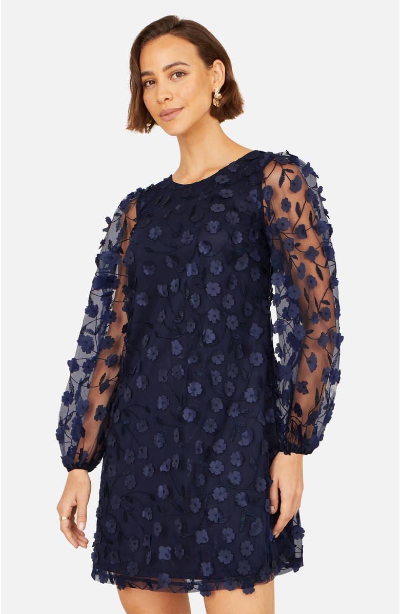 Yumi Long Sleeve Floral Applique Tunic Dress, Alternate, color, Navy