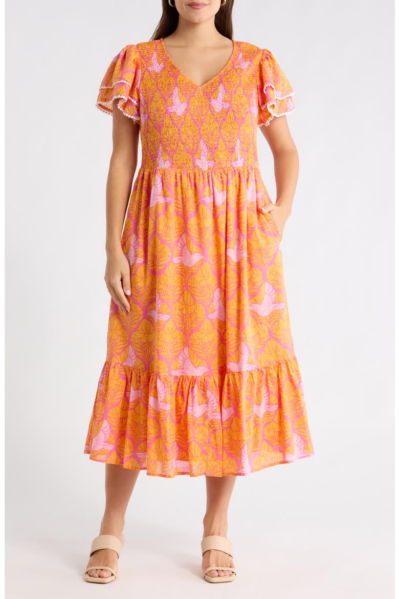 Jaidy Floral Patte Tiered Midi Dress, Main, color, ORANGE-PINKS-MULTI