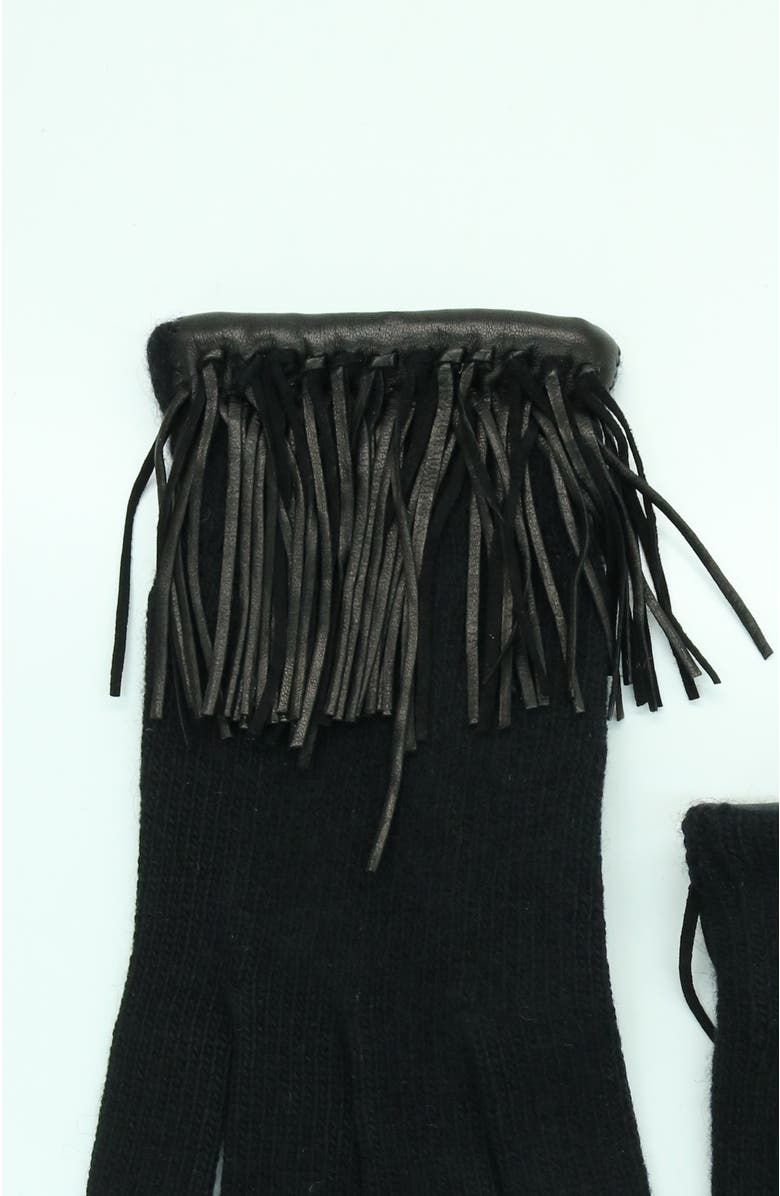 Portolano Cashmere tech gloves with leather fringes, Alternate, color, Black