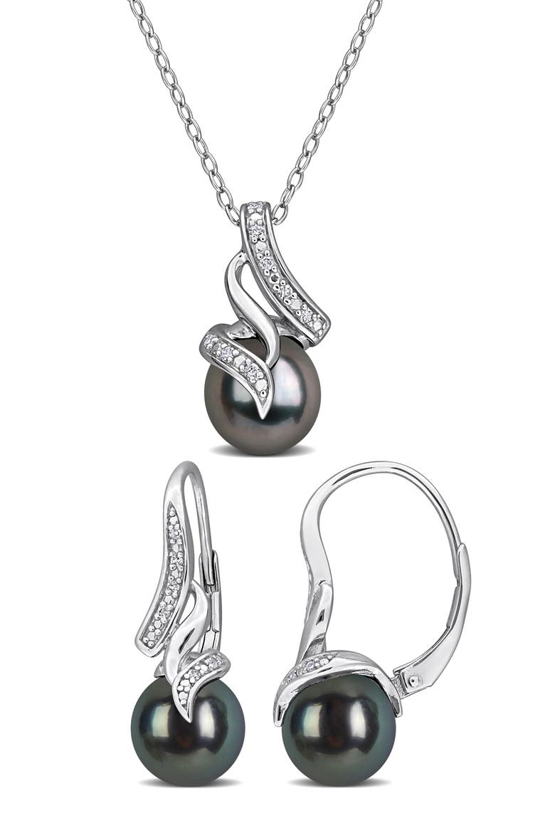 Cultured Black Tahitian Pearl & Diamond Pendant Necklace & Earrings Set, Main, color, BLACK