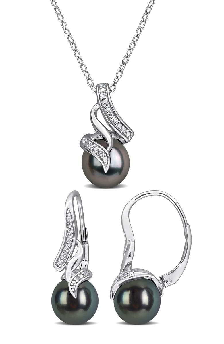DELMAR Cultured Black Tahitian Pearl & Diamond Pendant Necklace & Earrings Set, Main, color, Black