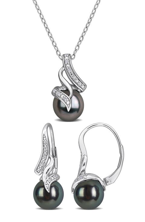 Cultured Black Tahitian Pearl & Diamond Pendant Necklace & Earrings Set