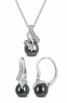 DELMAR Cultured Black Tahitian Pearl & Diamond Pendant Necklace & Earrings Set
