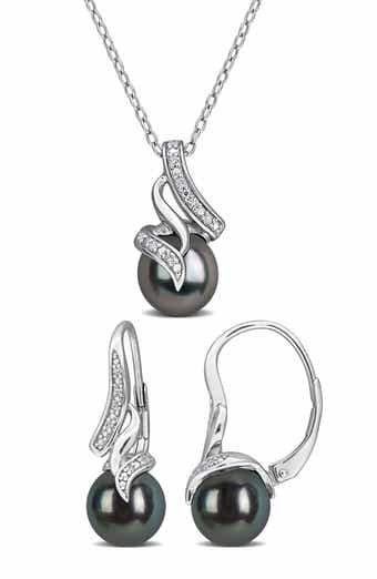 Cultured Black Tahitian Pearl & Diamond Pendant Necklace & Earrings Set