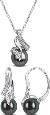 DELMAR Cultured Black Tahitian Pearl & Diamond Pendant Necklace & Earrings Set