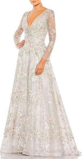 Mac Duggal Embellished Wrap Over Illusion Long Sleeve A Line Gown |  Nordstrom